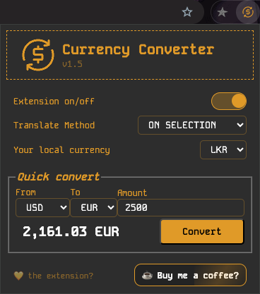 Chrome Currency Converter Extension Screenshot